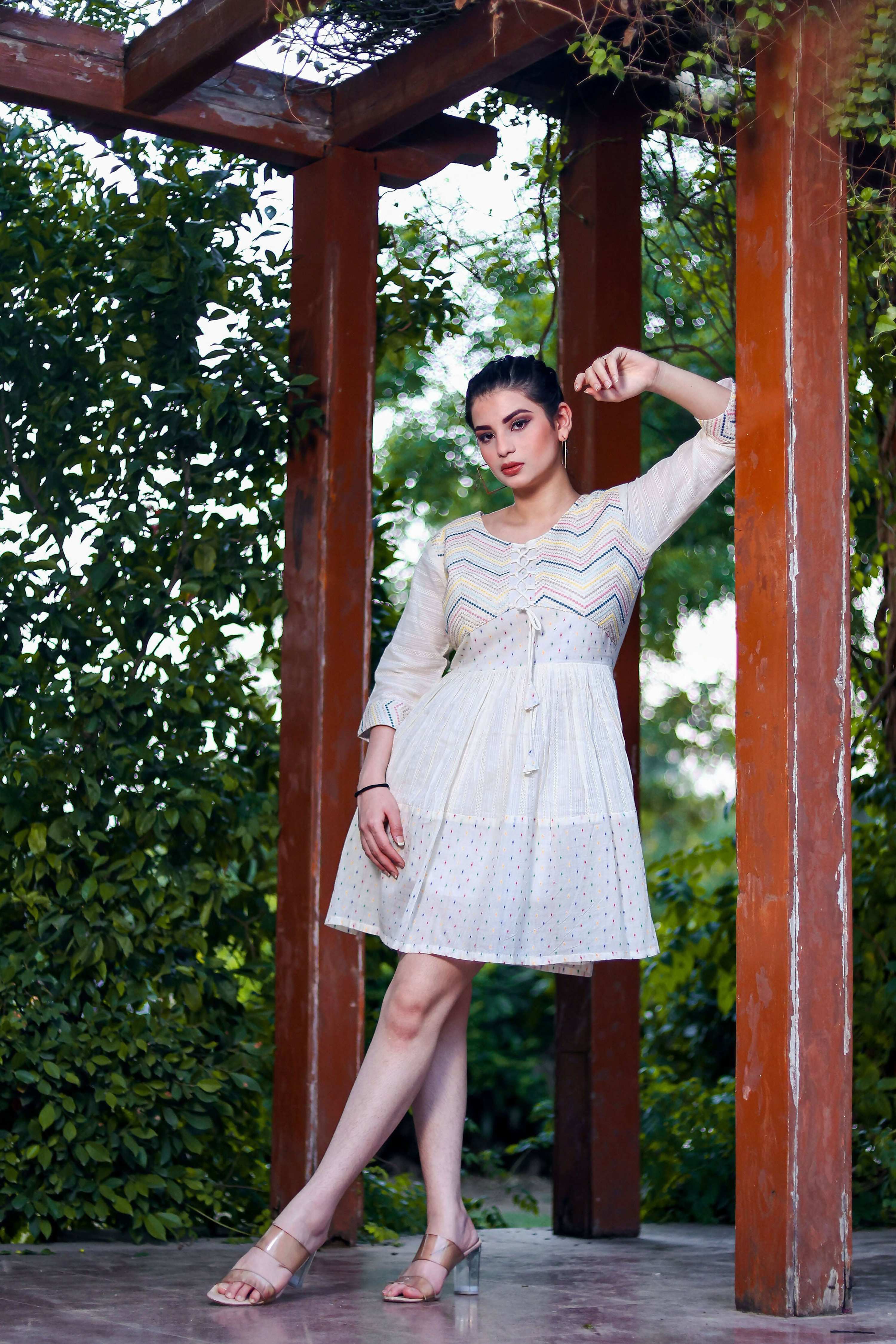 Aayaa Designer Multi Thread Hand Work Khadi Cotton One Piece Dress - Off White