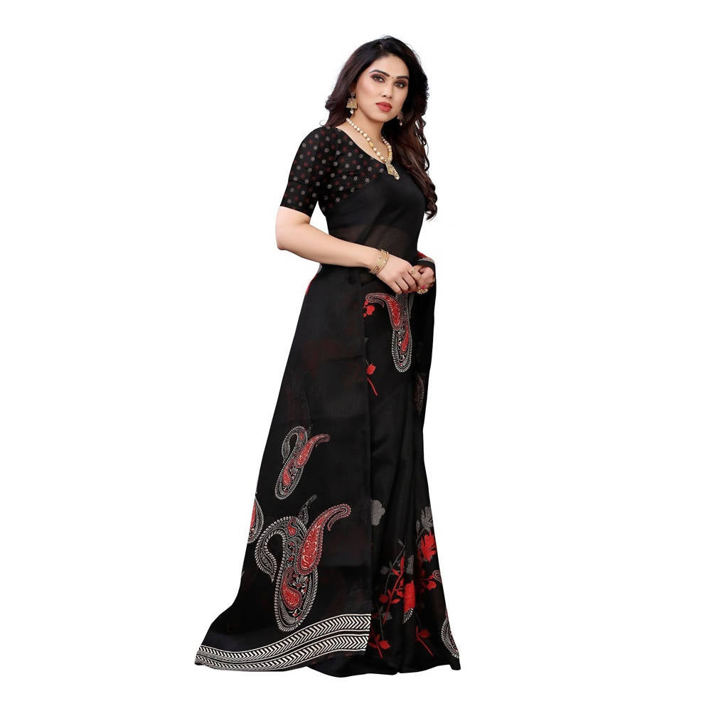 Vamika Printed Jute Silk Black Saree for daily wear
