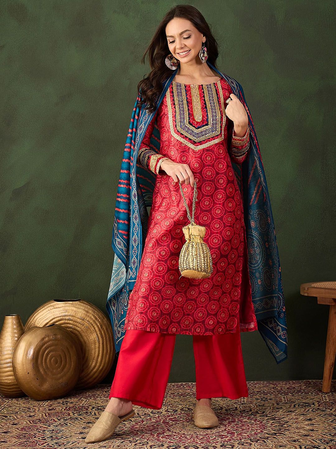 Sangria Embroidered Kurta & Palazzo With Dupatta