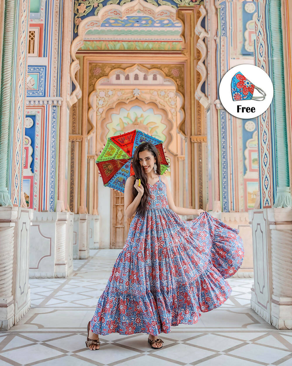 Designer Partywear Printed Blue Pure Maslin Gown - Anbazaar - Distacart