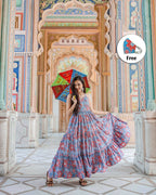 Designer Partywear Printed Blue Pure Maslin Gown - Anbazaar - Distacart