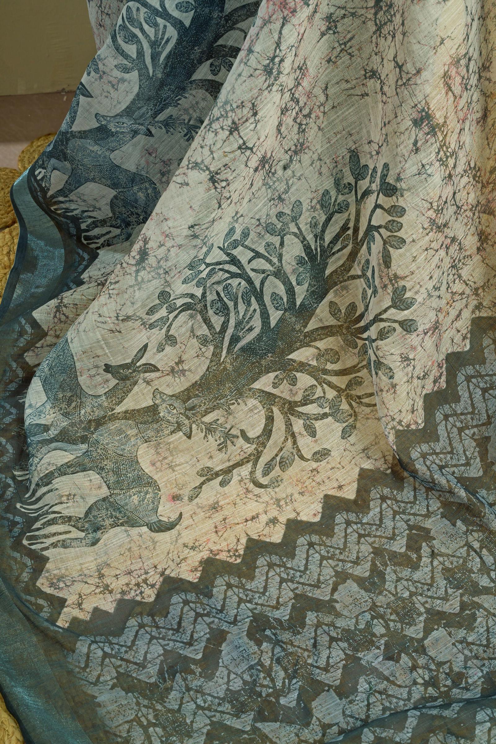 Vastranavya Digital Printed Linen Ready To Wear Designer Saree with Unstitched Blouse - Distacart