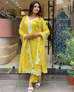 The52 Yellow Women's Gorgeous Embroidered Georgette Fabric Straight Kurta Pant with Dupatta Set - Distacart