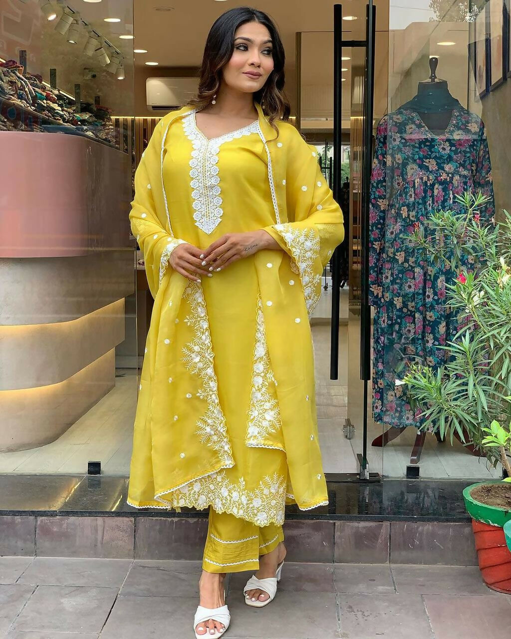 The52 Yellow Women's Gorgeous Embroidered Georgette Fabric Straight Kurta Pant with Dupatta Set - Distacart