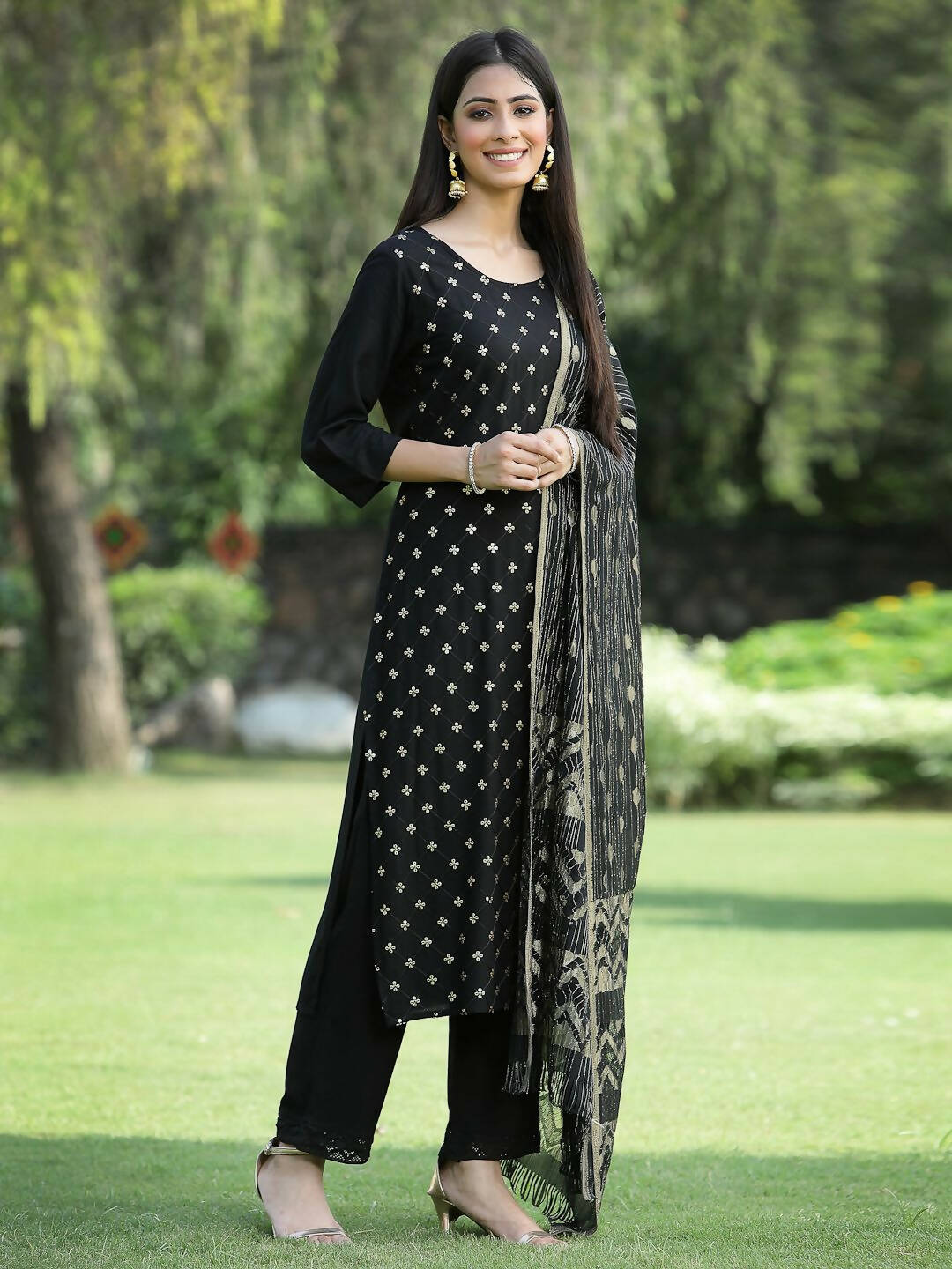 Juniper Women's Black Rayon Embellished Straight Kurta Sets - Distacart