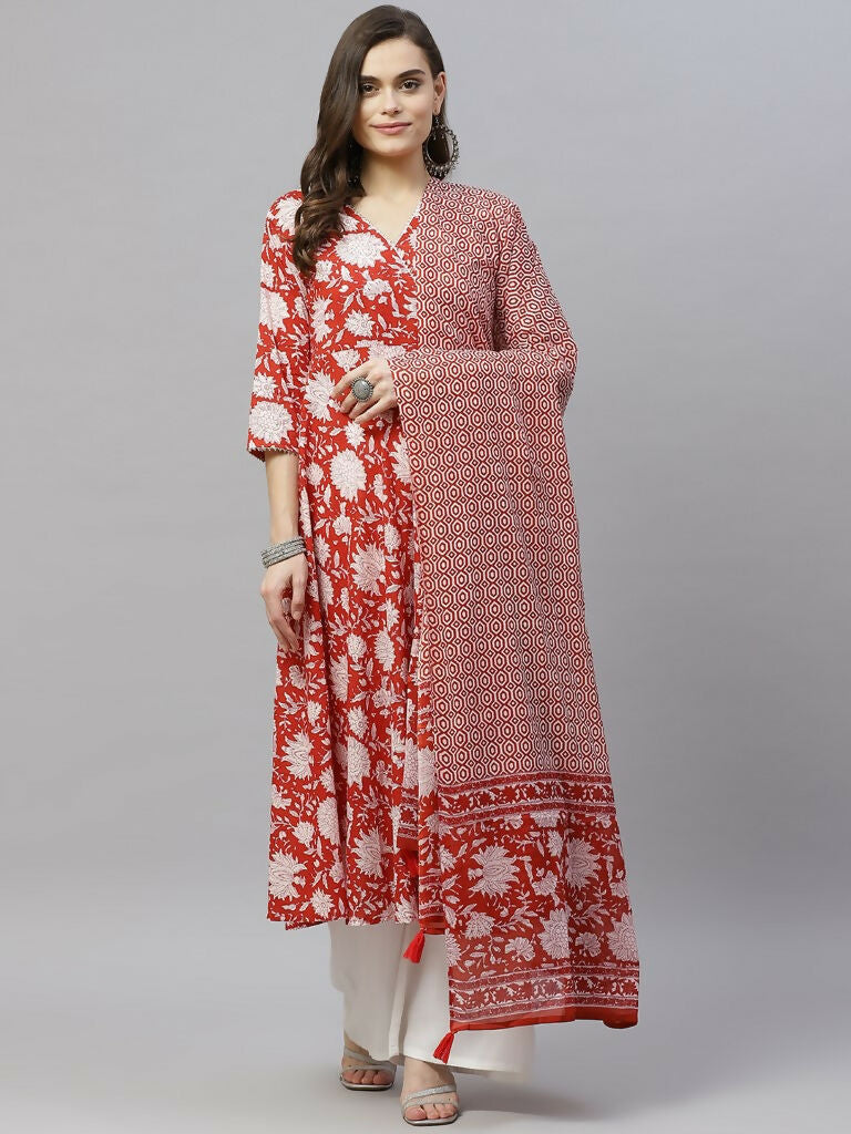 Miravan Women's Cotton Floral Printed Anarkali Kurta With Dupatta