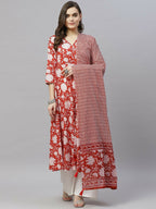 Miravan Women's Cotton Floral Printed Anarkali Kurta With Dupatta