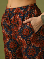Myshka Women's Multi Printed Cotton Round Neck Party Tunic With Trousers Co-ord set