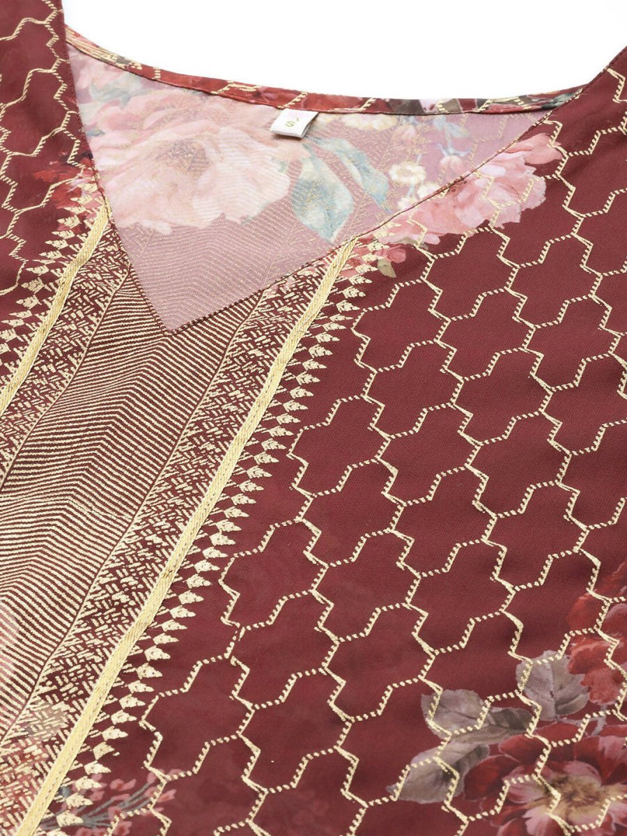 Ahalyaa Women Maroon Floral Printed Flared Sleeves Kaftan Kurta - Distacart