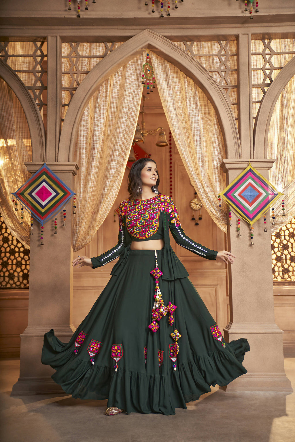 Green Viscose Rayon Thread Embroidered Work With Mirror All Over Navratri Lehenga Choli With Dupatta - Raas