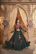 Green Viscose Rayon Thread Embroidered Work With Mirror All Over Navratri Lehenga Choli With Dupatta - Raas