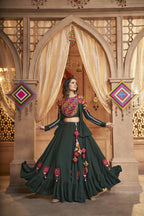 Green Viscose Rayon Thread Embroidered Work With Mirror All Over Navratri Lehenga Choli With Dupatta - Raas