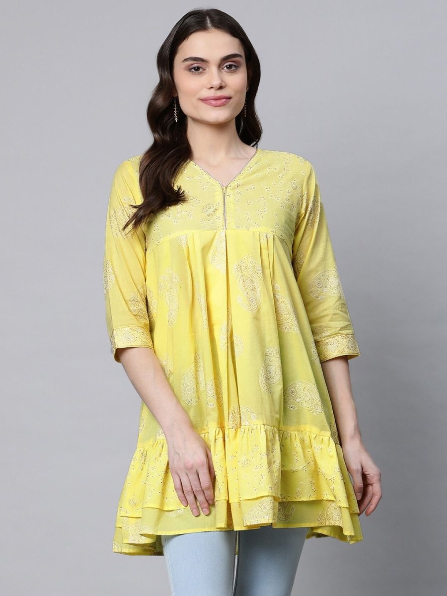 Ahalyaa Women Yellow Cotton Printed Tunic - Distacart
