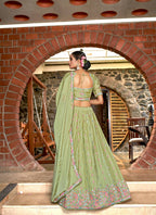 Green Chinon Crushed Sequence and Thread Embroidery Work Lehenga Choli with Dupatta - Viharini