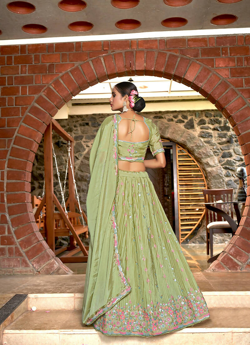 Green Chinon Crushed Sequence and Thread Embroidery Work Lehenga Choli with Dupatta - Viharini