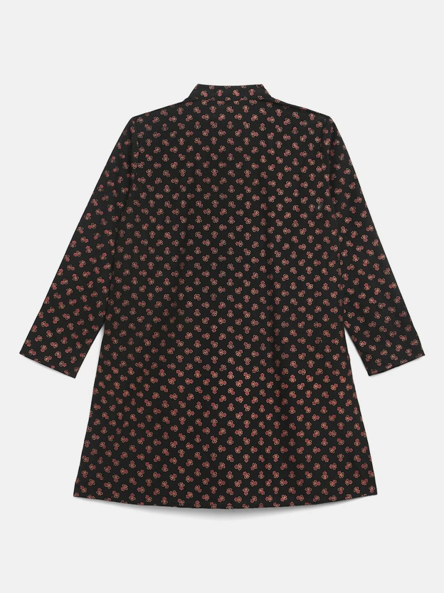 Ahalyaa Black Crepe Gold Pigment Print Kids Kurta Churidar Set For Boys