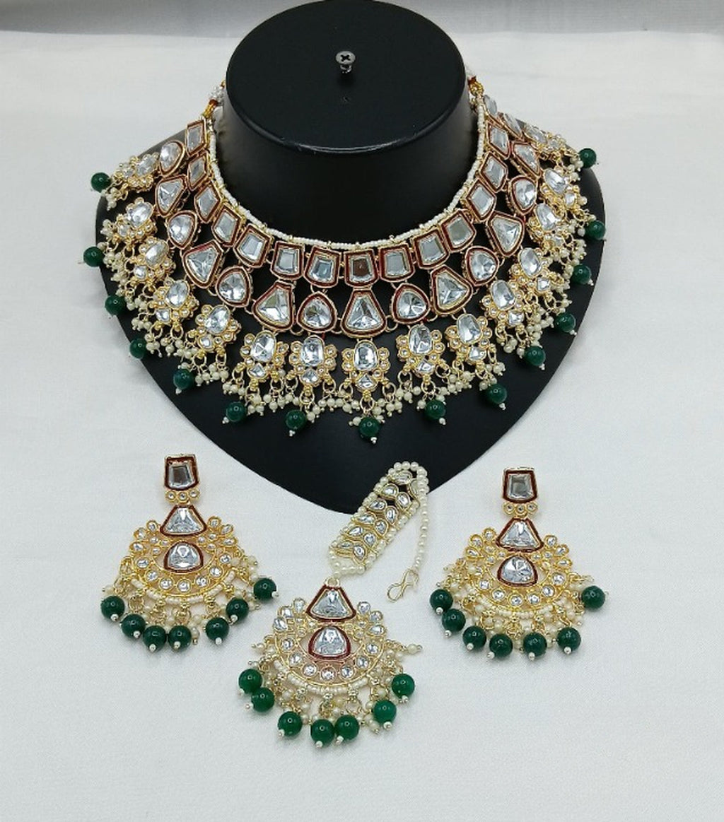 Jewel City Royal Kundan Bridal Jewelry Set - Emerald Green & Crystal Choker with Earrings & Maang Tikka - Distacart