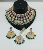 Jewel City Royal Kundan Bridal Jewelry Set - Emerald Green & Crystal Choker with Earrings & Maang Tikka - Distacart