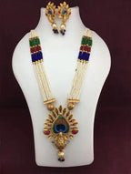 Jewel City Traditional Pearl Rani Haar with Peacock Pendant - Multicolor Beaded Wedding Necklace Set with Designer Earrings