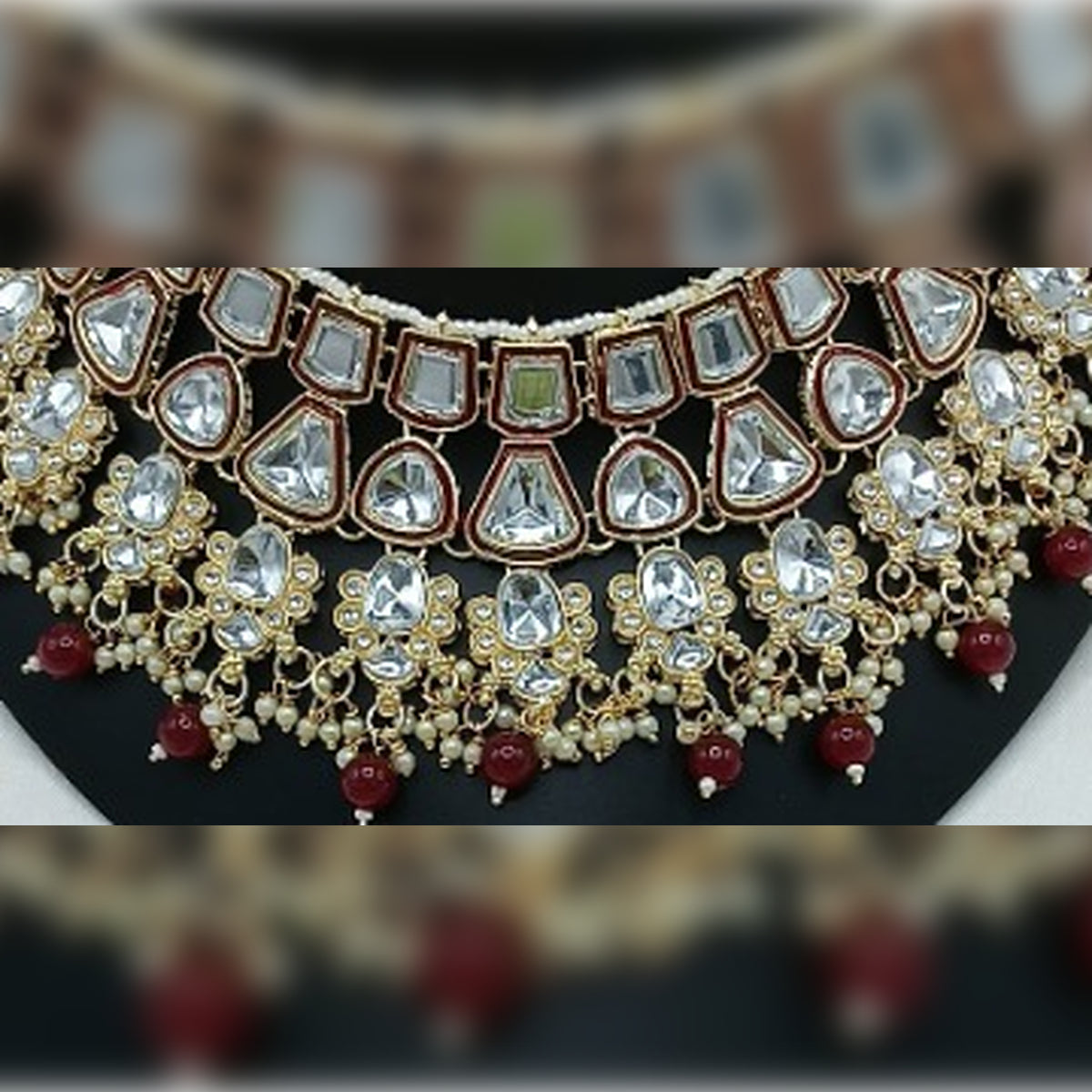Jewel City Royal Kundan Bridal Jewelry Set - Maroon & Crystal Choker with Earrings & Maang Tikka - Distacart