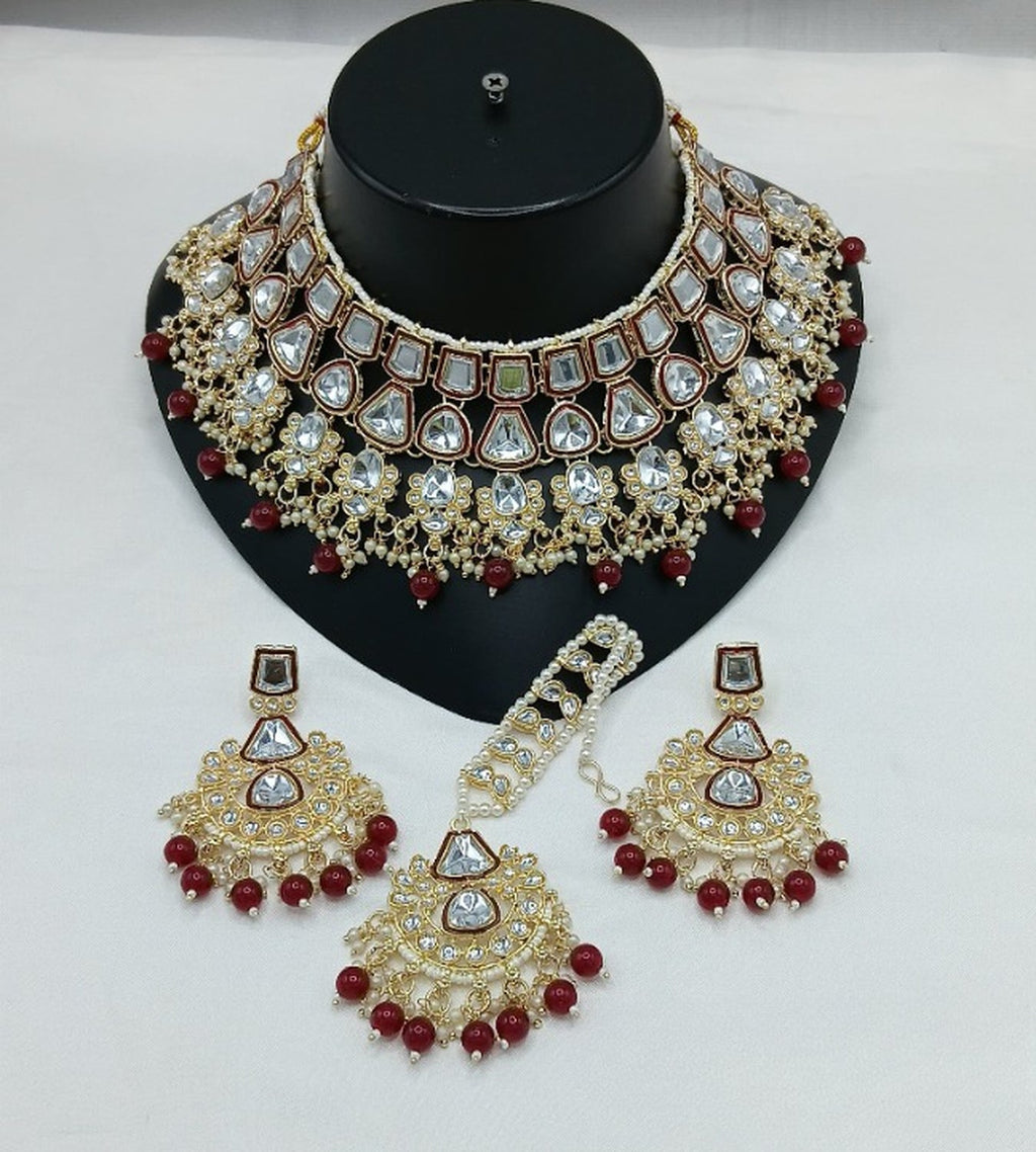 Jewel City Royal Kundan Bridal Jewelry Set - Maroon & Crystal Choker with Earrings & Maang Tikka - Distacart