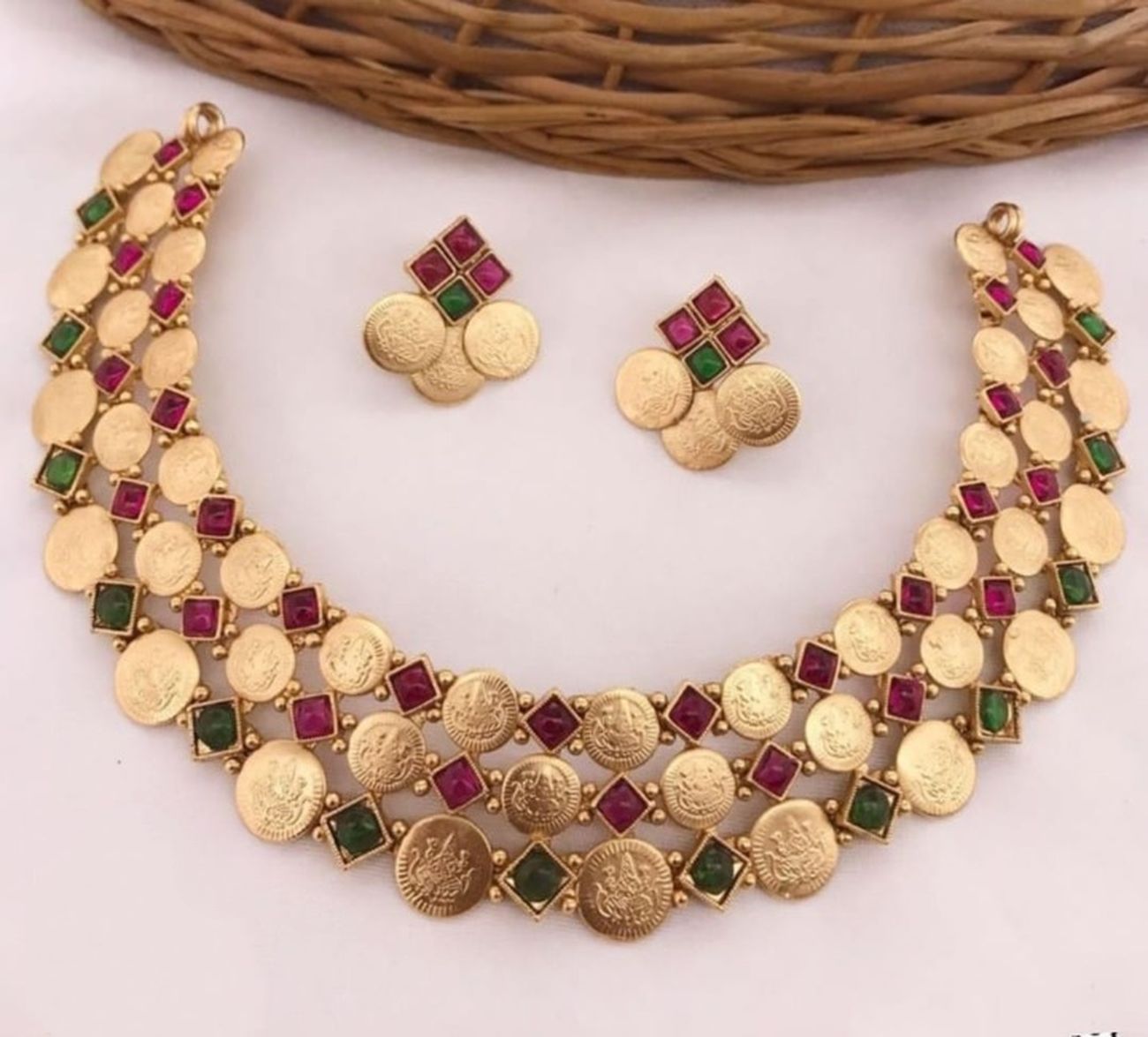 Jewel City Luxurious Temple Coin Necklace Set with Red Green Stones - Traditional South Indian Goddess Lakshmi Design Wedding Jewelry Collection