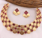 Jewel City Luxurious Temple Coin Necklace Set with Red Stones - Traditional South Indian Goddess Lakshmi Design Wedding Jewelry Collection