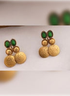 Jewel City Antique Gold Temple Coin Necklace Set with Emerald Green Stones - Traditional South Indian Multi-Row Bridal Jewelry Collection