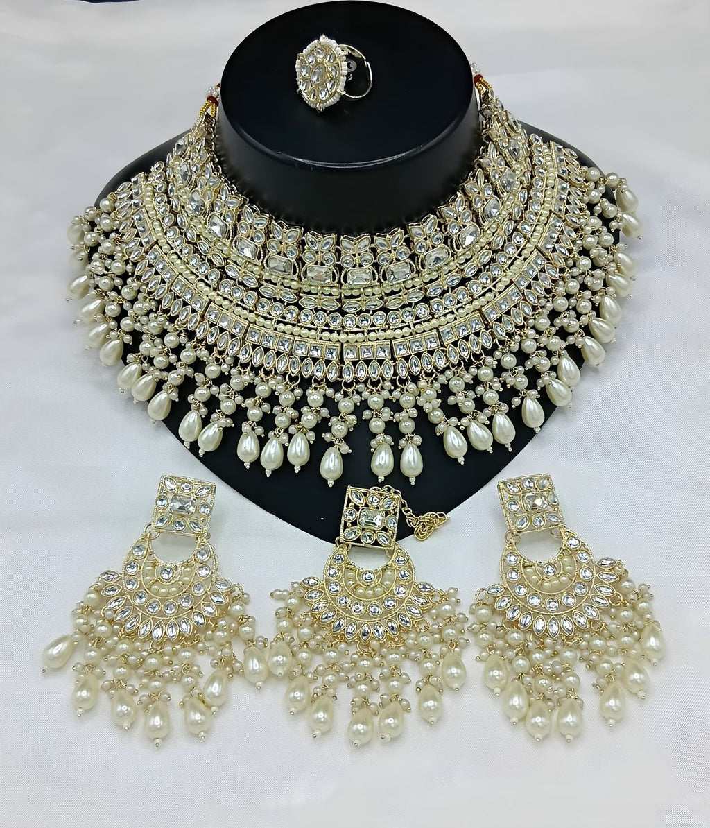 Jewel City Royal Pearl and Crystal Choker Set - Gold-Plated Wedding Jewelry with Earrings and Ring