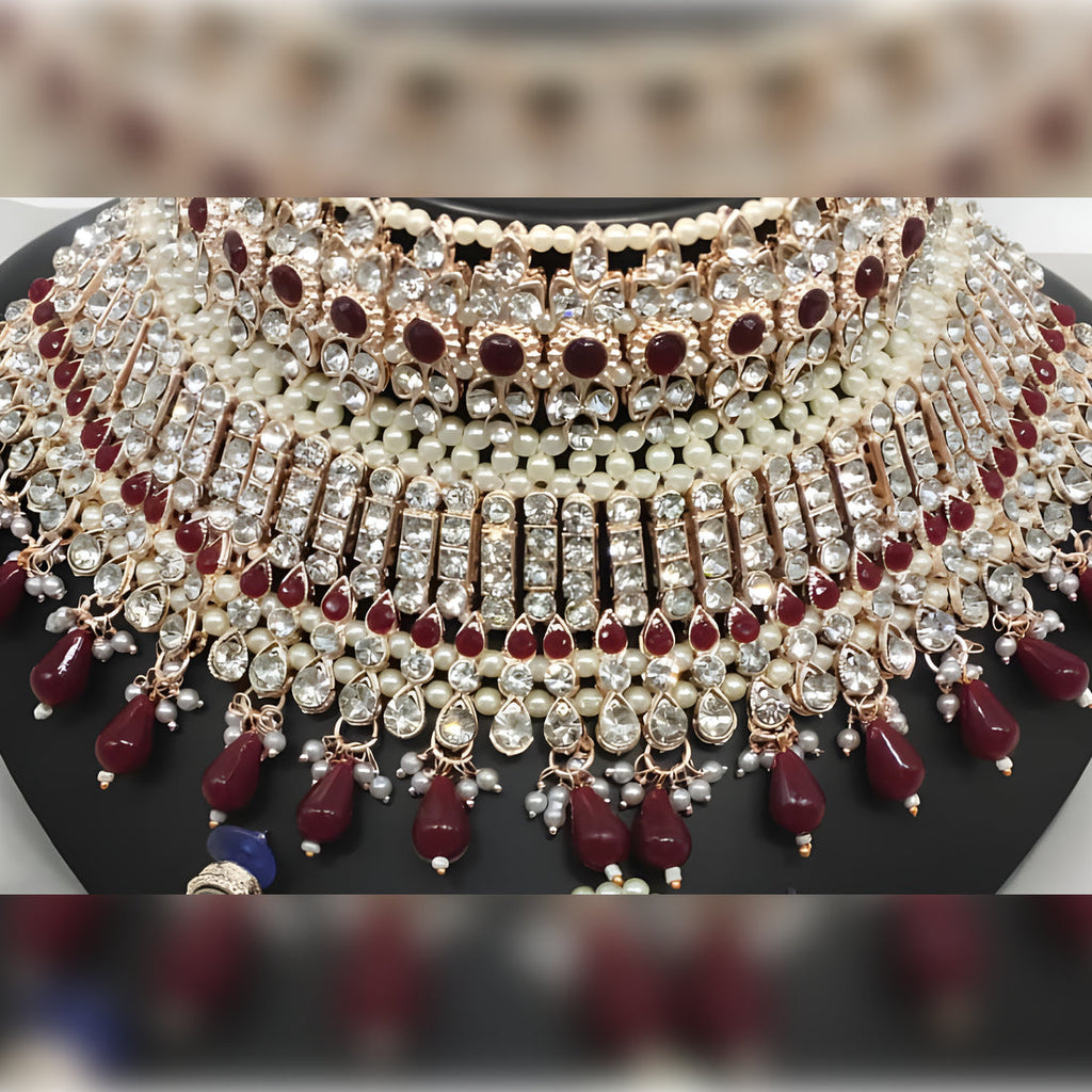 Jewel City Traditional Temple Lakshmi Long Necklace Set with Pearl Drops - Antique Gold South Indian Wedding Jewelry with Matching Earrings