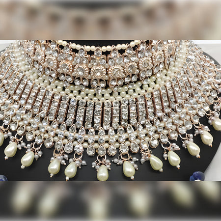 Jewel City Luxury White Crystal Choker Set - Rose Gold-Plated Bridal Jewelry with Pearl Accents
