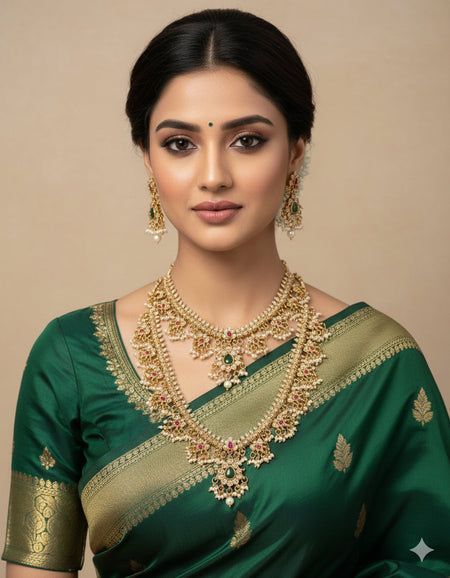 Jewel City Gold-Plated Kundan Bridal Necklace Set with Long Haram & Earrings 