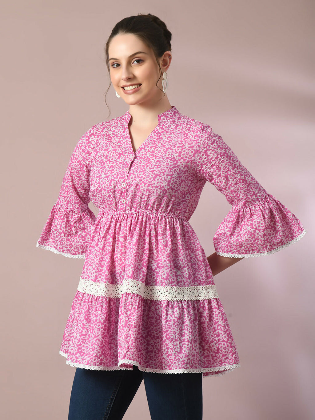 Myshka Women's Pink Embellished Cotton Gathered Party Empire Top