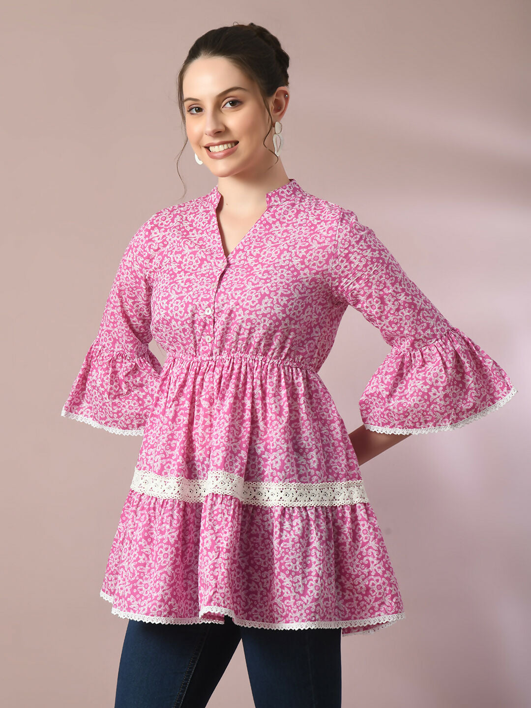 Myshka Women's Pink Embellished Cotton Gathered Party Empire Top