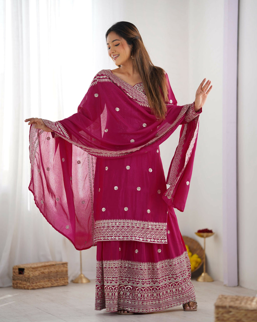 Joban Fashion Pink Kurta Set Silk Sequins , Zari, Coding & Thread Embroidered work - Distacart