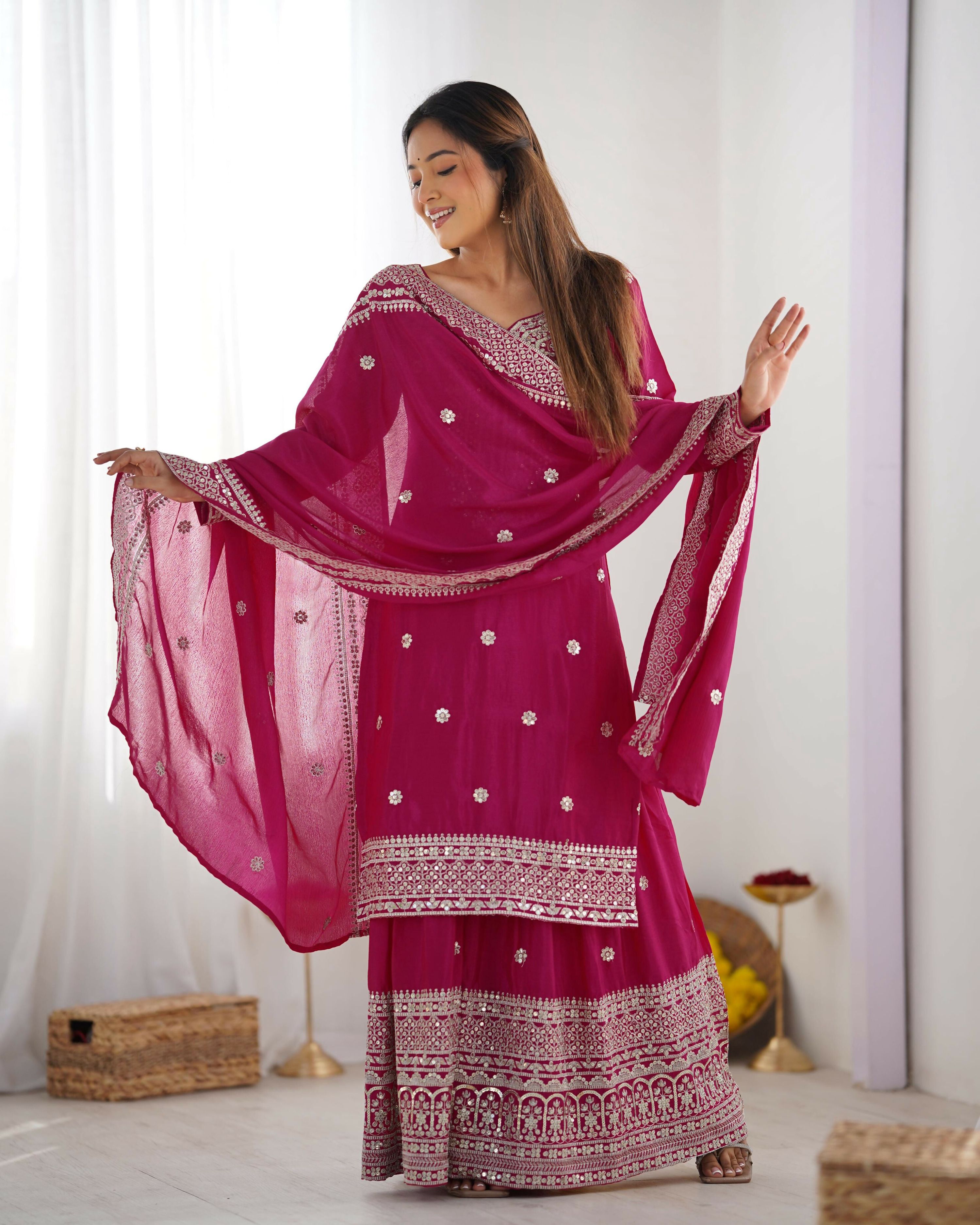 Joban Fashion Pink Kurta Set Silk Sequins , Zari, Coding & Thread Embroidered work - Distacart