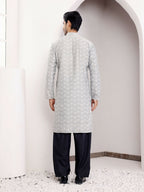 Light Grey Viscose Woven Jacquard Work Men's Kurta - Mahotsav