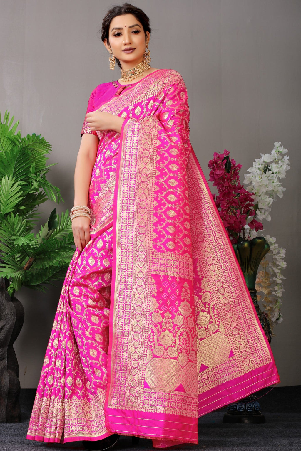 Anaita Pink Woven Design Pure Silk Banarasi Saree With Blouse - Distacart