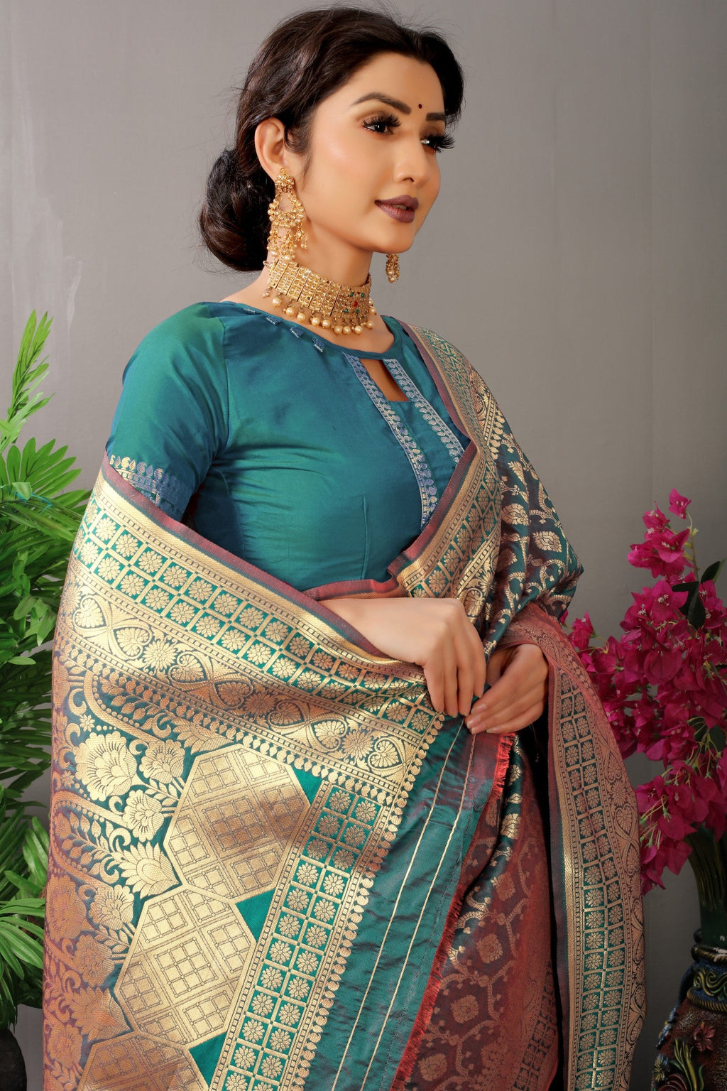 Anaita Teal Woven Design Pure Silk Banarasi Saree With Blouse - Distacart
