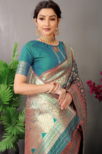 Anaita Teal Woven Design Pure Silk Banarasi Saree With Blouse - Distacart