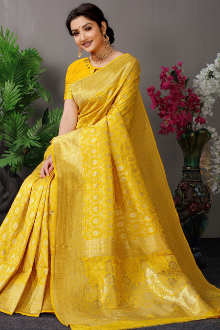 Anaita Yellow Woven Design Pure Silk Banarasi Saree With Blouse