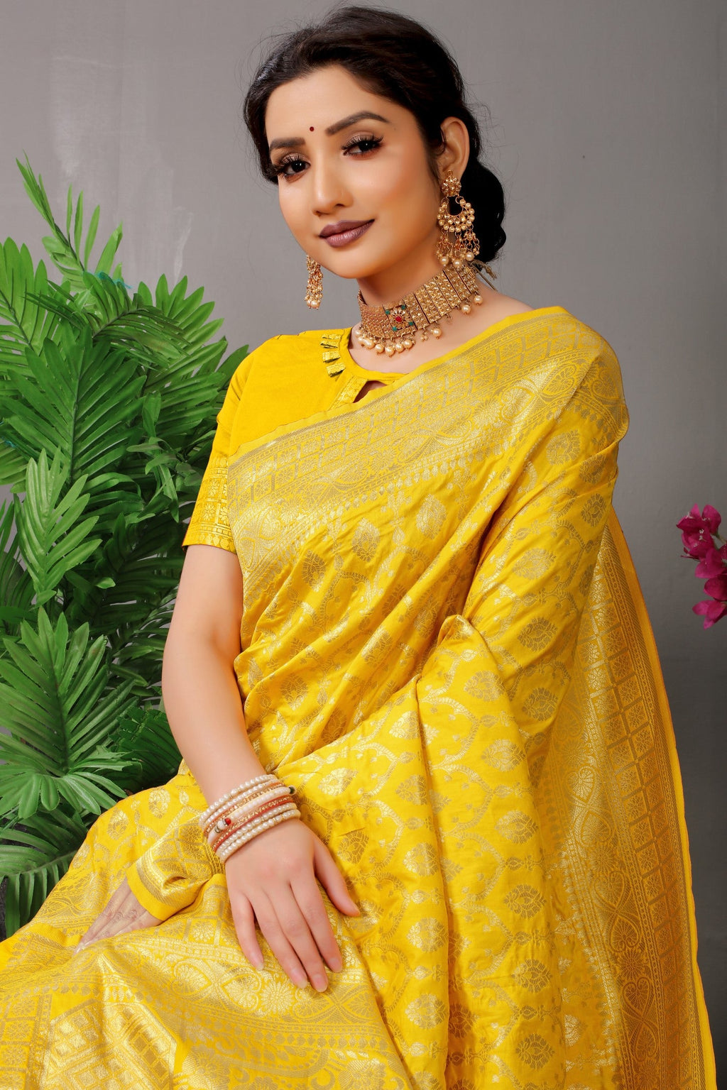 Anaita Yellow Woven Design Pure Silk Banarasi Saree With Blouse - Distacart