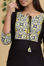 Yufta Women Black & Yellow Geometric Yoke Design Straight Kurta
