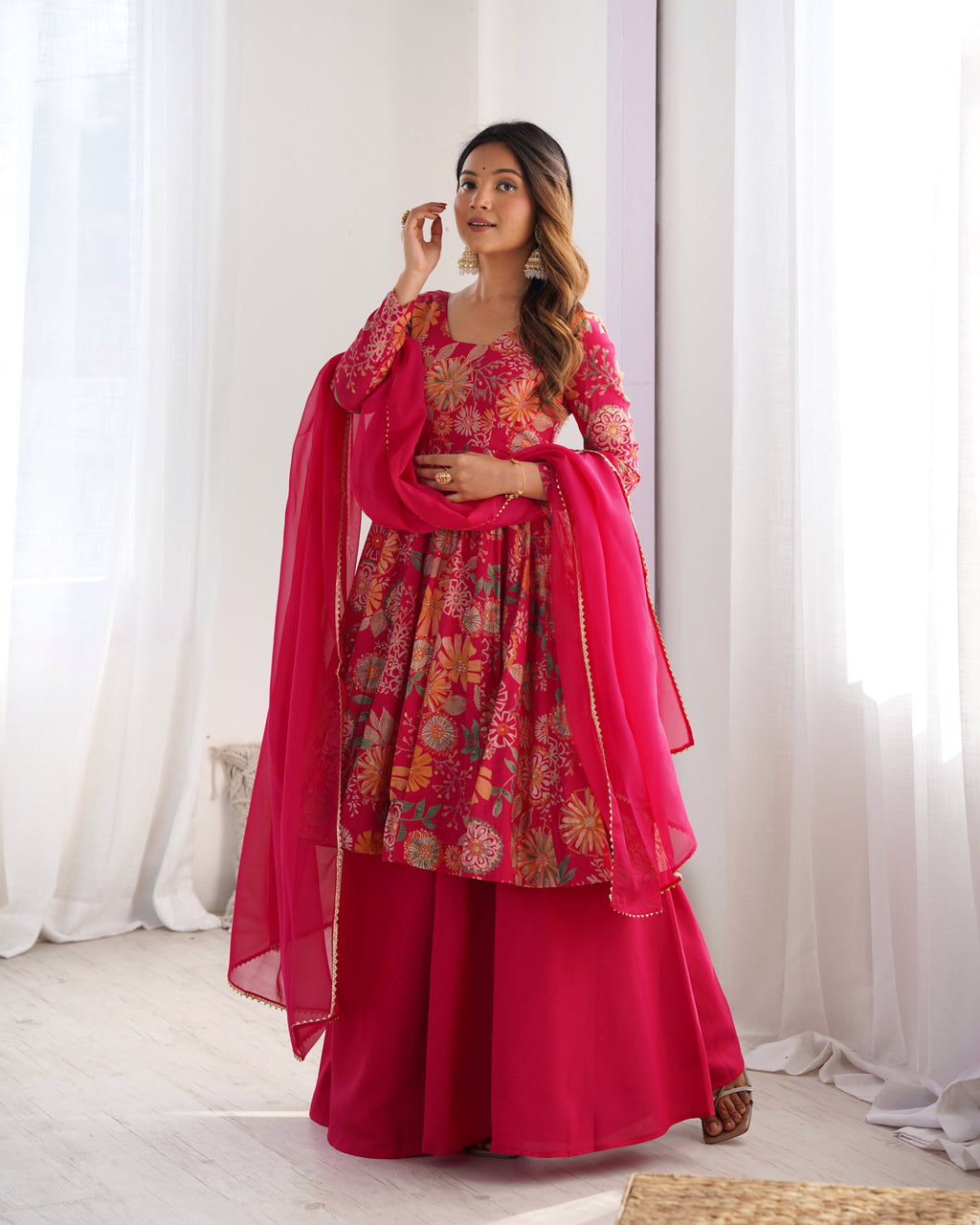 Lorenvalley Women Pure Soft Roman silk Chanderi Discharge Print Fabric Kediya Kurta Palazzo with Dupatta Set - Ranipink