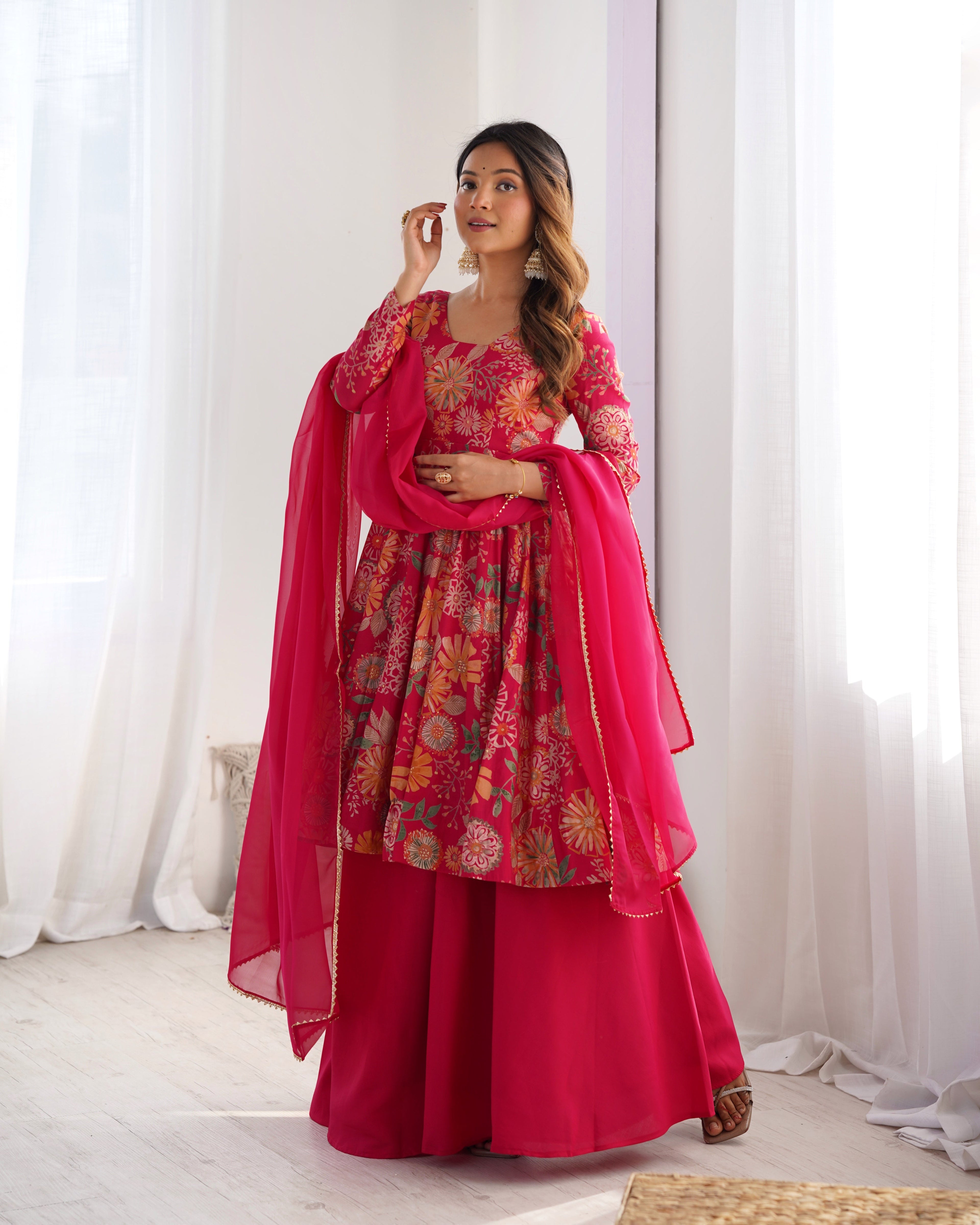 Lorenvalley Women Pure Soft Roman silk Chanderi Discharge Print Fabric Kediya Kurta Palazzo with Dupatta Set - Ranipink