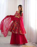 Lorenvalley Women Pure Soft Roman silk Chanderi Discharge Print Fabric Kediya Kurta Palazzo with Dupatta Set - Ranipink
