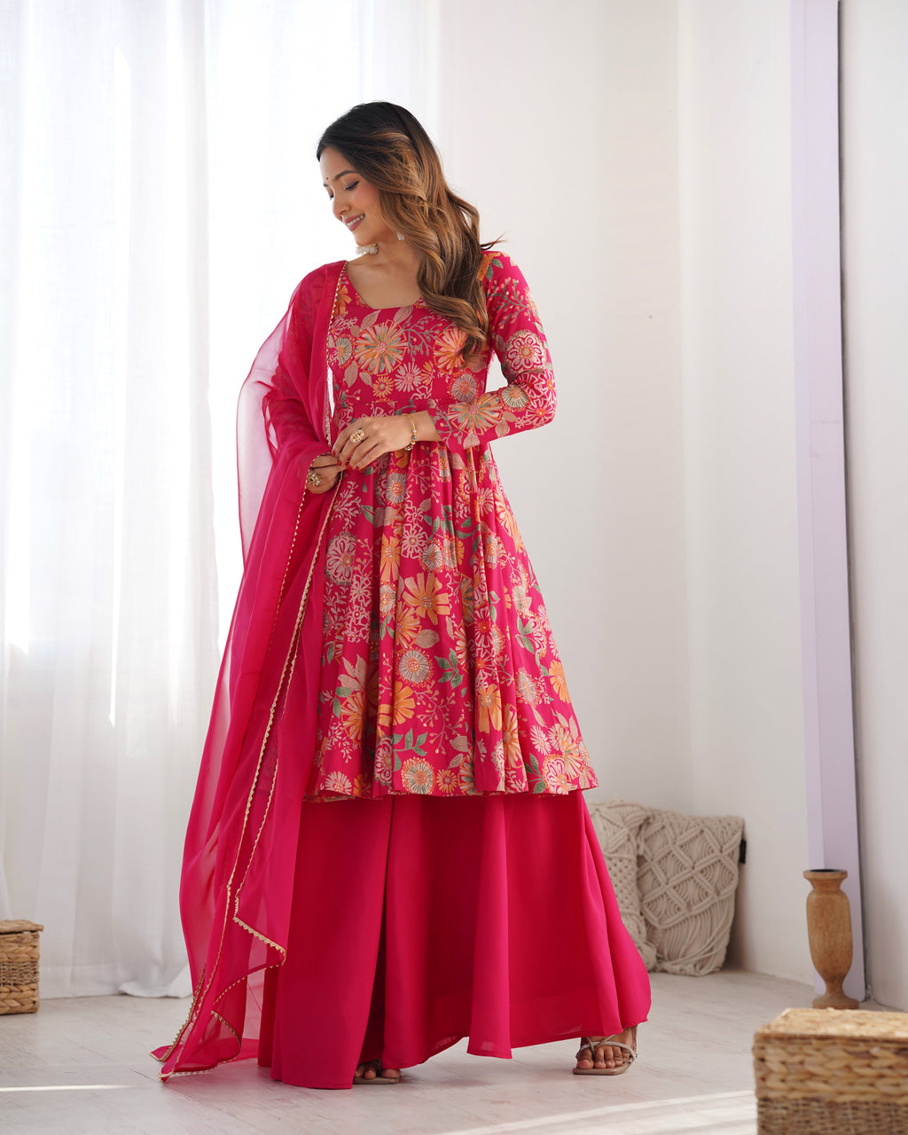 Lorenvalley Women Pure Soft Roman silk Chanderi Discharge Print Fabric Kediya Kurta Palazzo with Dupatta Set - Ranipink