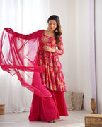 Lorenvalley Women Pure Soft Roman silk Chanderi Discharge Print Fabric Kediya Kurta Palazzo with Dupatta Set - Ranipink