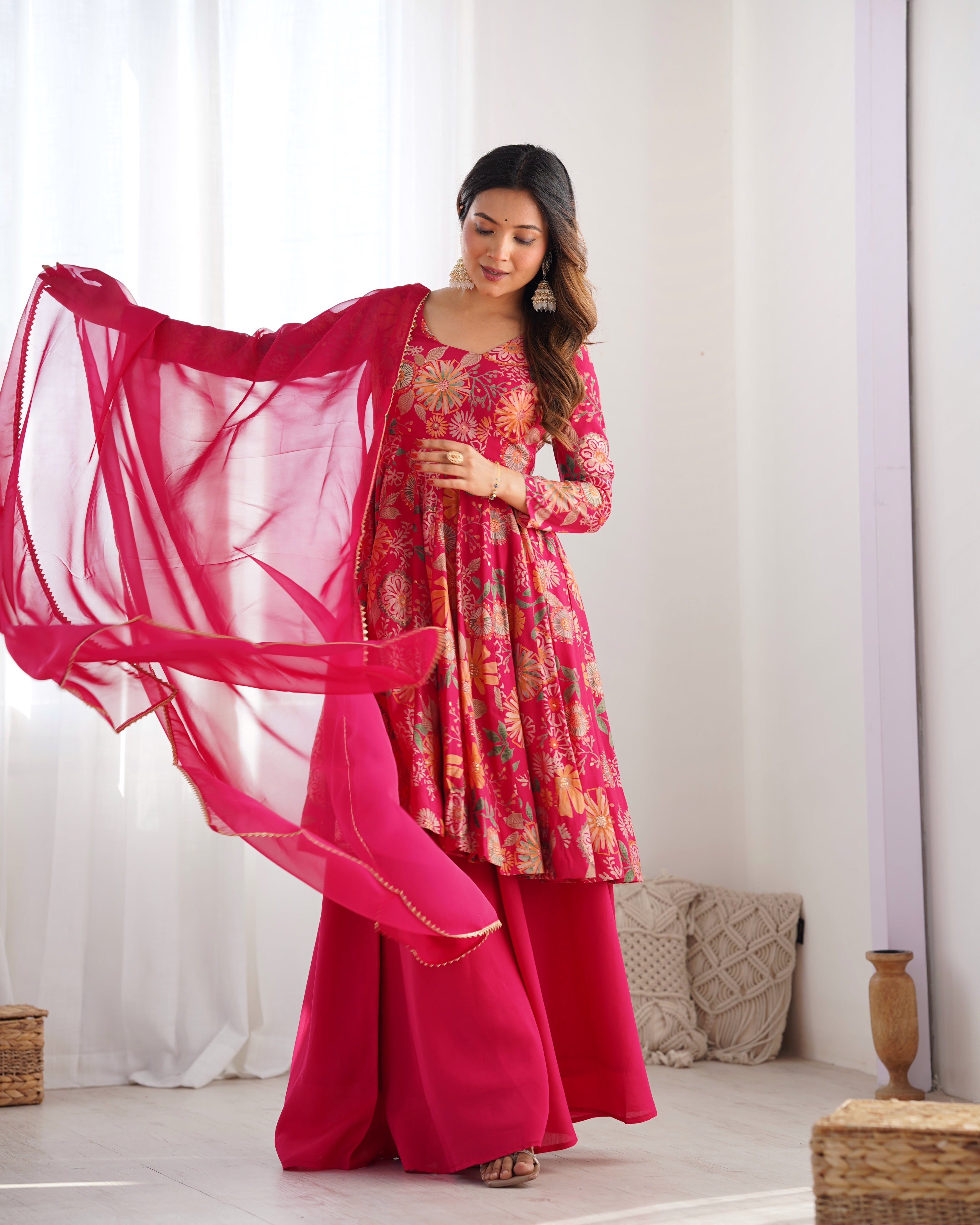 Lorenvalley Women Pure Soft Roman silk Chanderi Discharge Print Fabric Kediya Kurta Palazzo with Dupatta Set - Ranipink