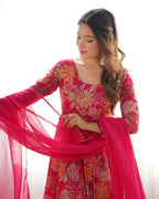 Lorenvalley Women Pure Soft Roman silk Chanderi Discharge Print Fabric Kediya Kurta Palazzo with Dupatta Set - Ranipink